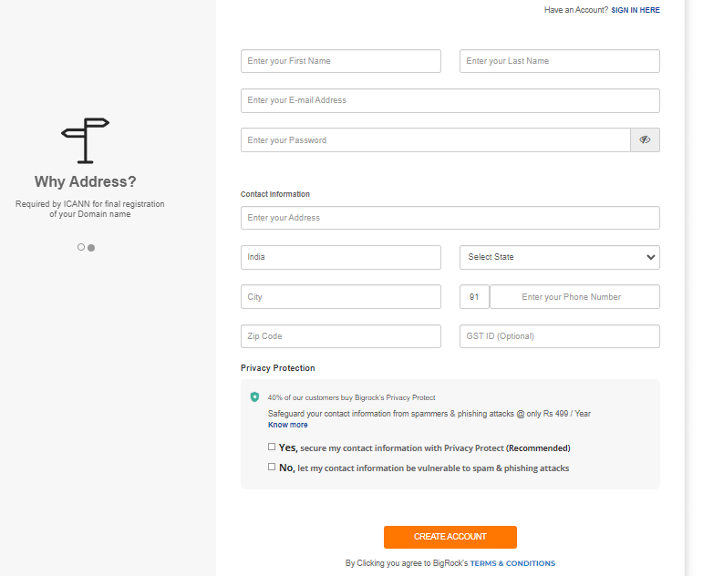 Domain Name कैसे ख़रीदे (BigRock Se Domain Kaise Kharide) 4 Create Account in BigRock